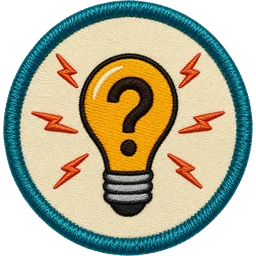 The Reuther Lab logo: embroidered patch with a lightbulb and question mark